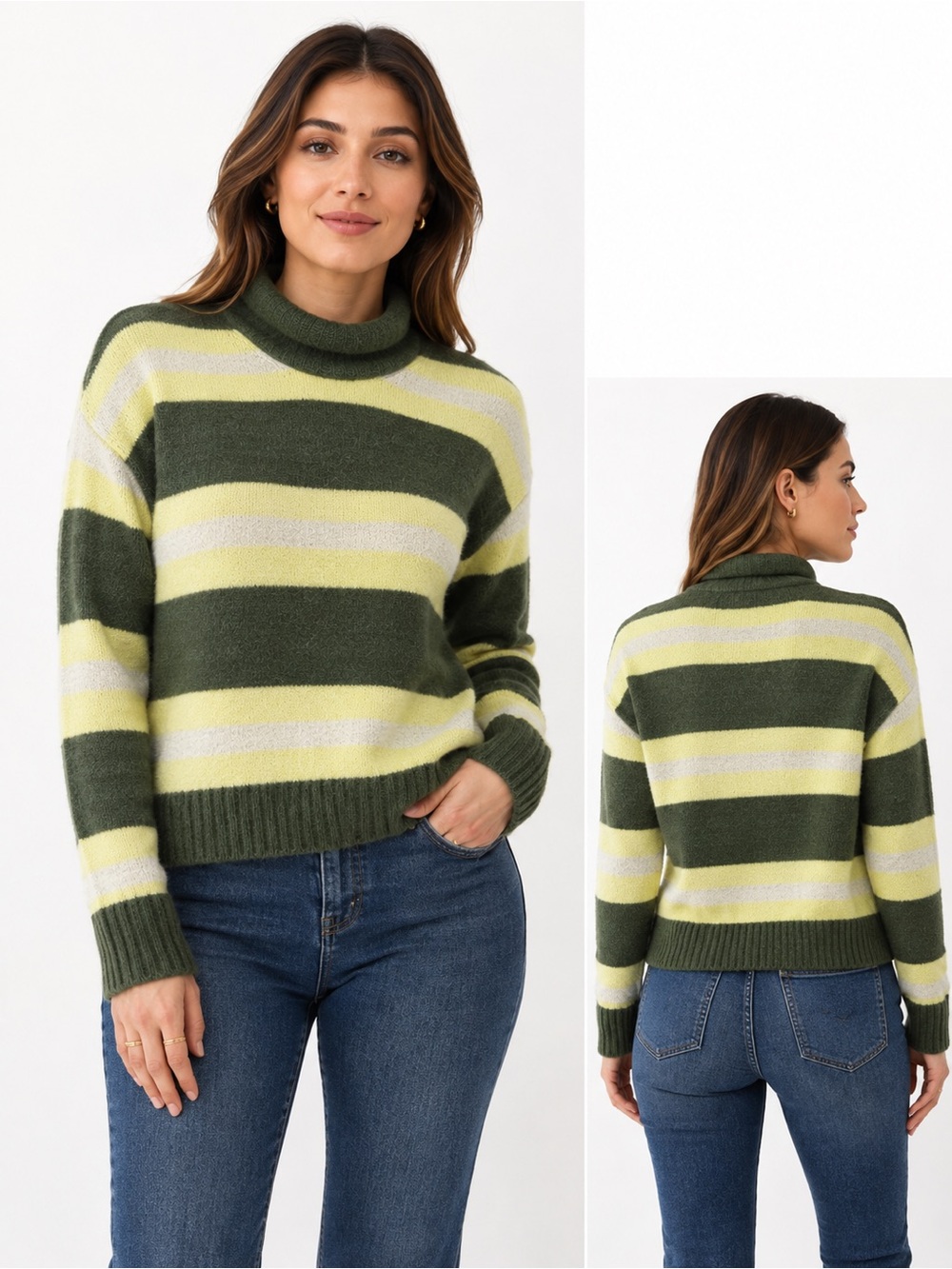 Madewell acrylic alpaca wool Olive, Lime & Cream Striped Turtleneck Sweater S